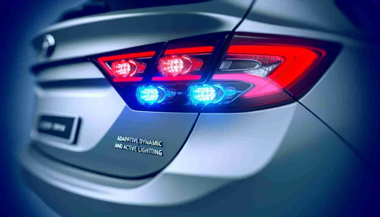 Rückansicht eines Autos mit leuchtenden roten Bremslichtern und blauen Akzentlichtern. Die dynamische Bremsleuchte sorgt für Sichtbarkeit.