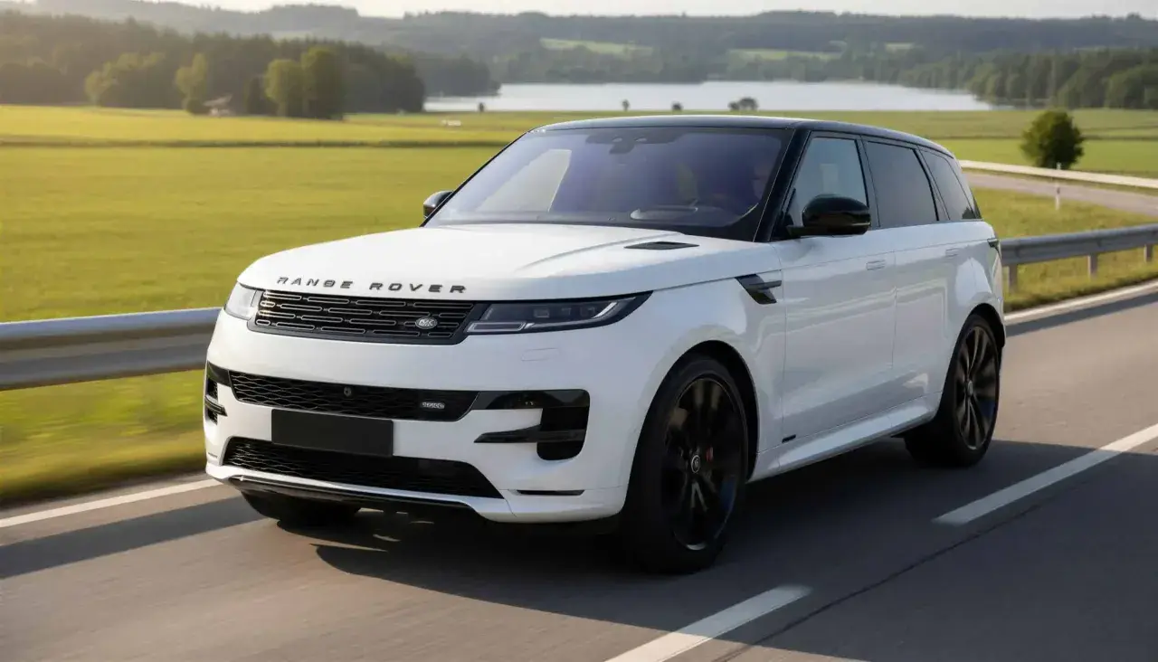 Ein weißer Range Rover Sport mit schwarzem Dach fährt auf einer Landstraße. Perfekt für ein Range Rover Abo.