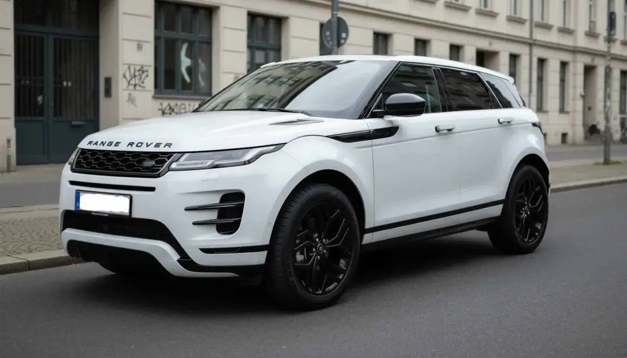 Ein weißer Range Rover klein mit schwarzen Felgen steht auf einer Straße vor einem Gebäude.
