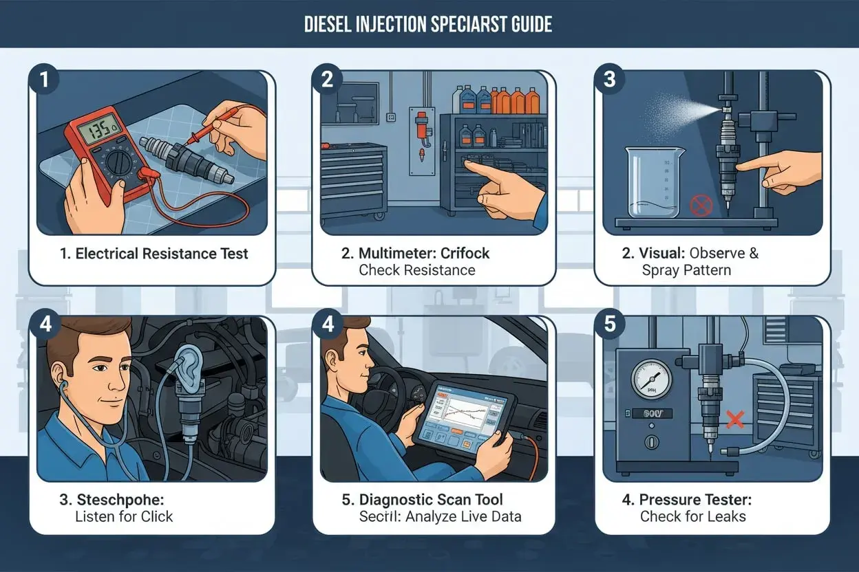 Anleitung zur Prüfung eines Auto-Injektors: Widerstand messen, Sprühmuster prüfen, Klickgeräusche hören, Druck testen und Live-Daten analysieren.