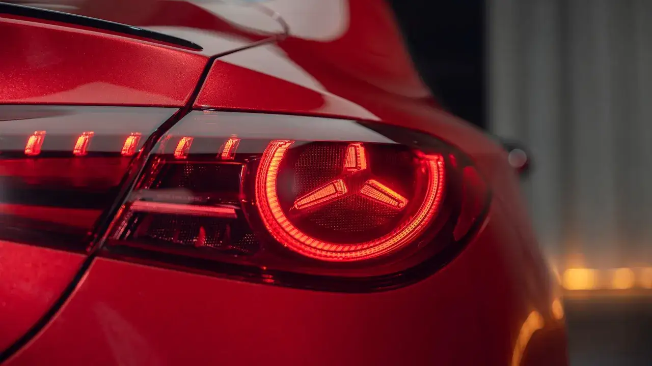 Rotes Auto mit leuchtender dynamischer Bremsleuchte im Sternendesign.