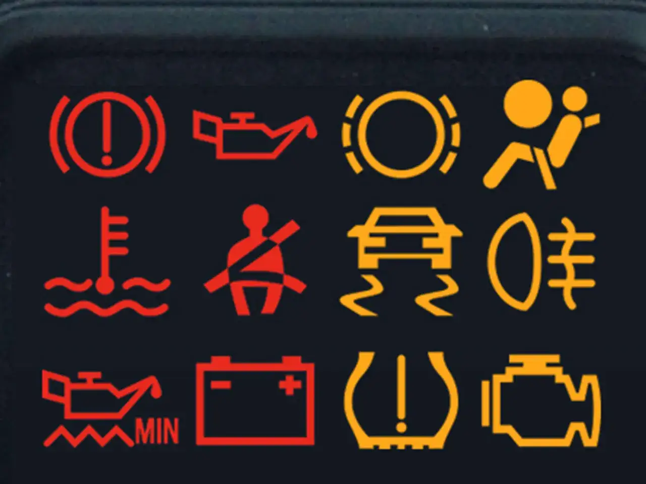 Armaturenbrett mit verschiedenen roten und gelben kontrollleuchten symbolen, die auf Probleme mit dem Auto hinweisen, wie z.B. Bremsen, &Ouml;l, Airbag, Motor und Reifendruck.