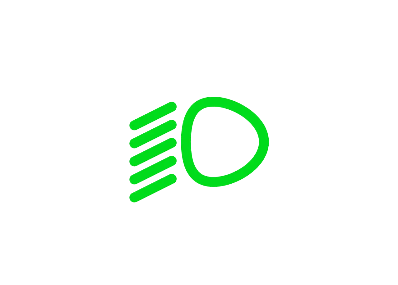 Gr&uuml;nes Symbol f&uuml;r das Abblendlicht. Es zeigt einen Scheinwerfer mit vier parallelen Linien, die Lichtstrahlen darstellen.
