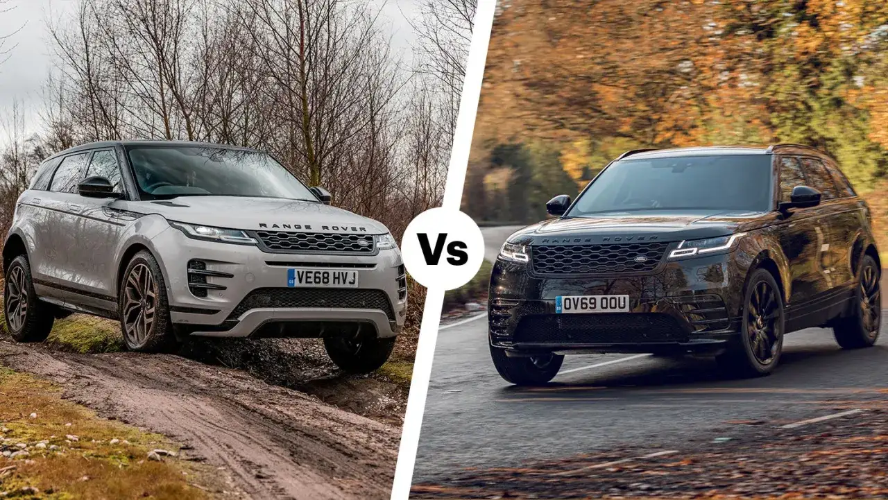 Zwei Range Rover im Vergleich: Ein kleiner, heller Evoque auf Schotter und ein dunkler Velar auf Asphalt.