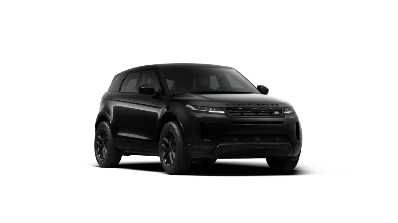 Schwarzer Range Rover Evoque Black Edition, elegant und kraftvoll vor schwarzem Hintergrund.
