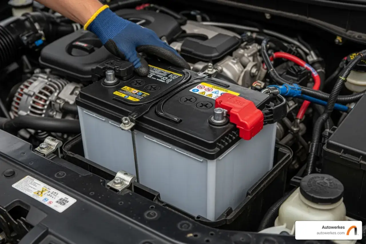 Hand in blue glove replaces car battery. Start stop batterie wechseln ohne anlernen ist hier das Thema.