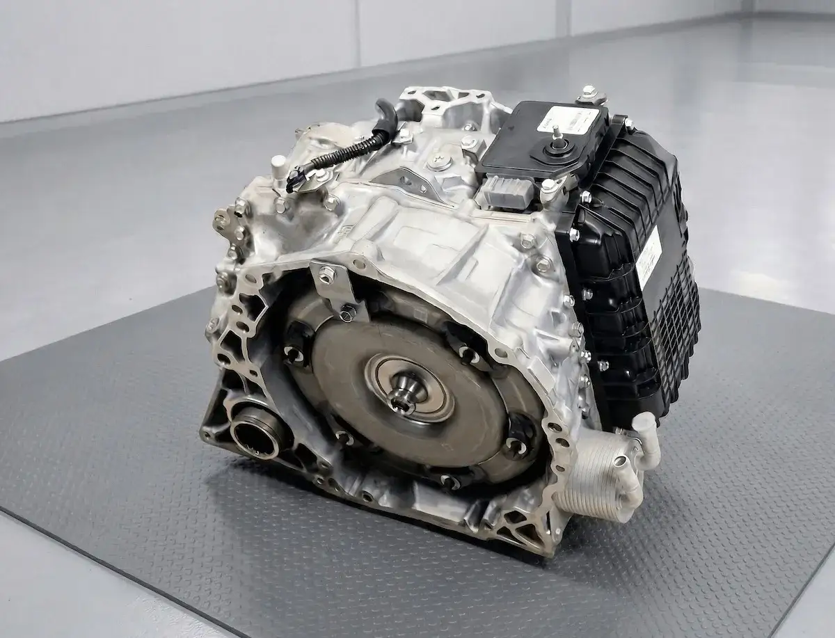 Ein komplexes Getriebe, die Aisin 8 Gang Automatik, mit silbernem Geh&auml;use und schwarzem Steuerger&auml;t.