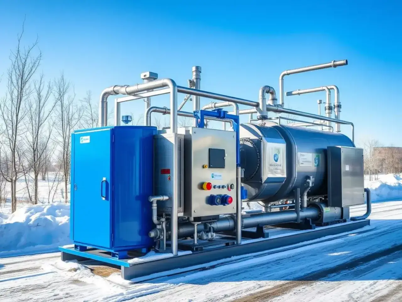 Industrielle Anlage im Schnee. Vorsicht, kann AdBlue einfrieren, wenn nicht richtig gelagert.