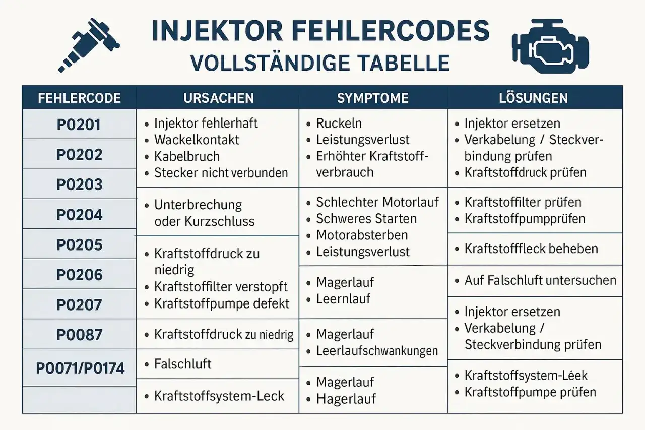 Tabelle mit Fehlercodes für den Injektor im Auto: Ursachen, Symptome und Lösungen.