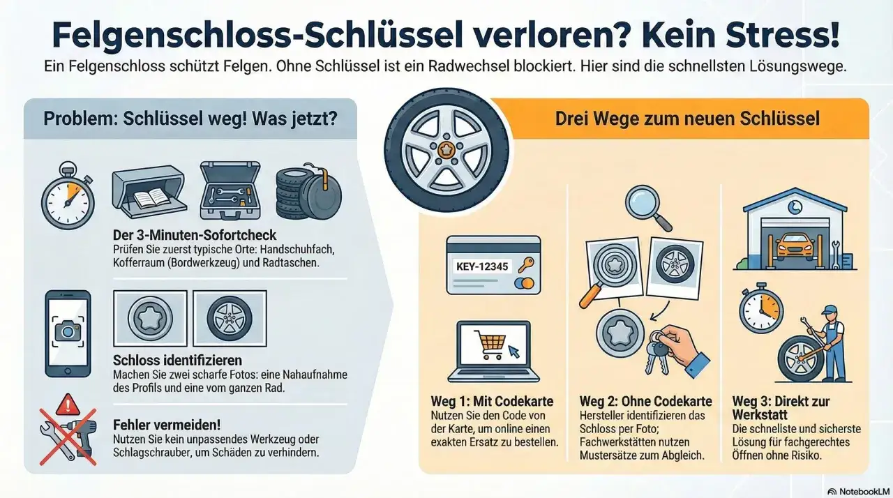 Felgenschloss-Schlüssel verloren? Kein Stress! Infografik zeigt drei Wege zum neuen Schlüssel: mit Codekarte, per Foto oder direkt zur Werkstatt.