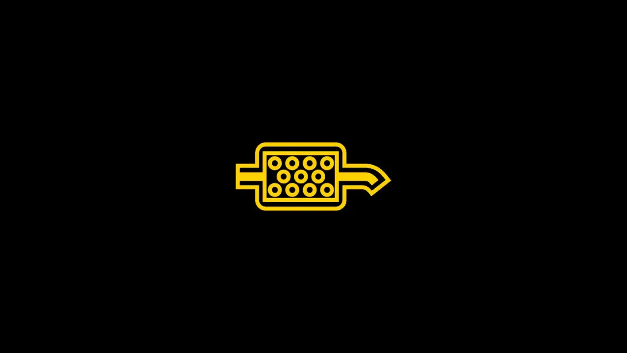 Gelbe Warnleuchte für den DPF (Dieselpartikelfilter). Das Symbol zeigt einen Filter mit vielen kleinen Kreisen und einen Pfeil, der Abgase symbolisiert.