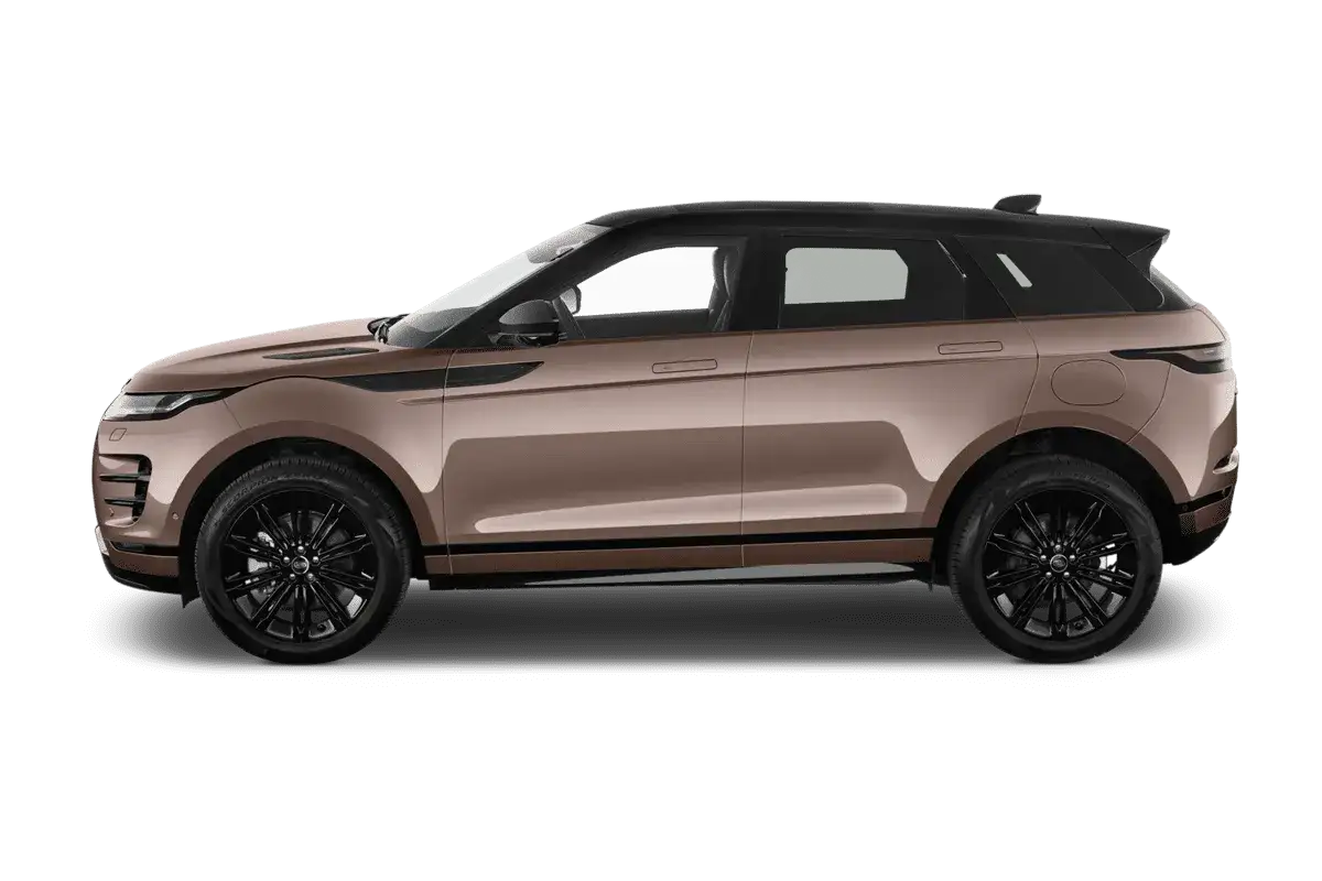 Range Rover Evoque in braun mit schwarzem Dach und Felgen. Die Länge des Fahrzeugs wirkt elegant und sportlich.