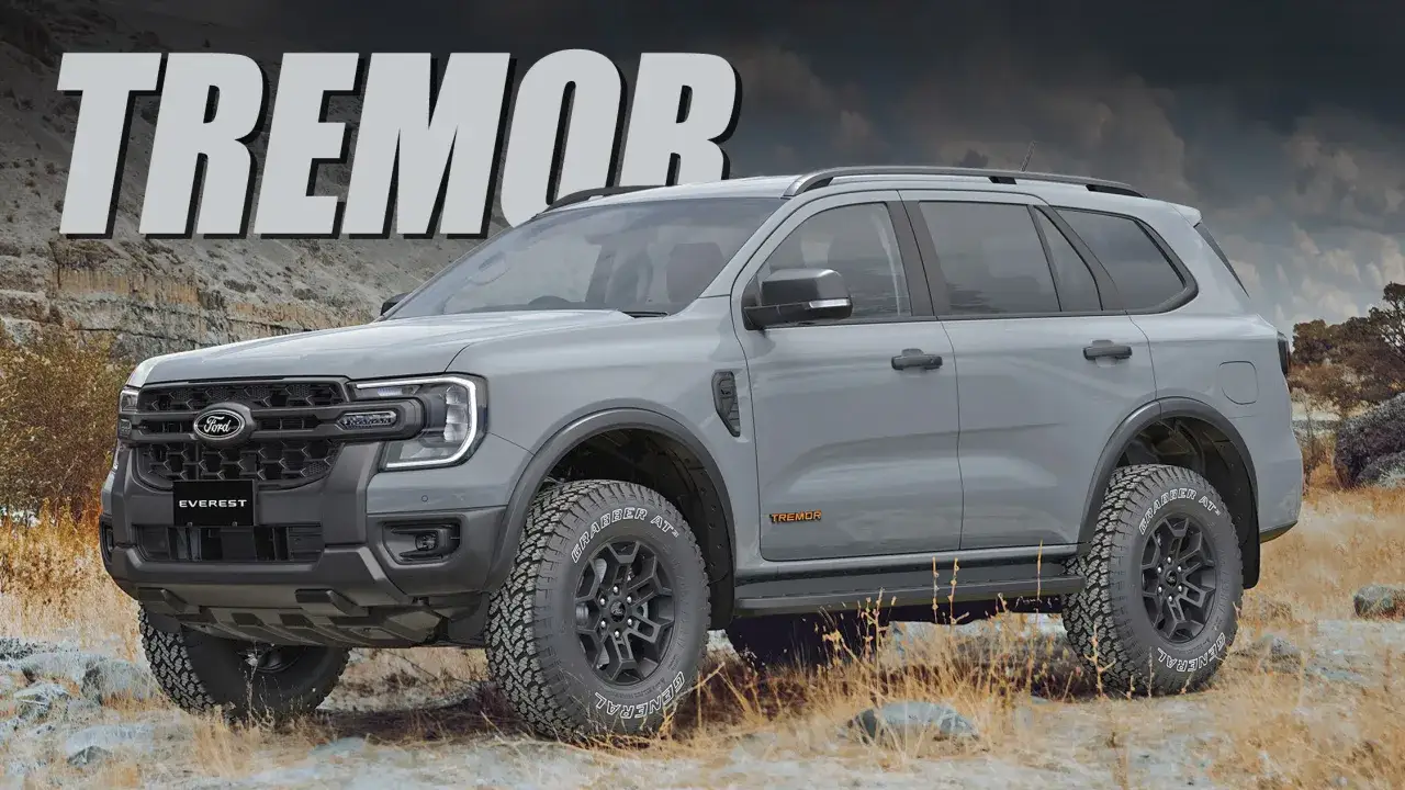 Grauer Ford Everest Tremor im Gel&auml;nde. Dieses robuste SUV ist bereit f&uuml;r Abenteuer in Deutschland.