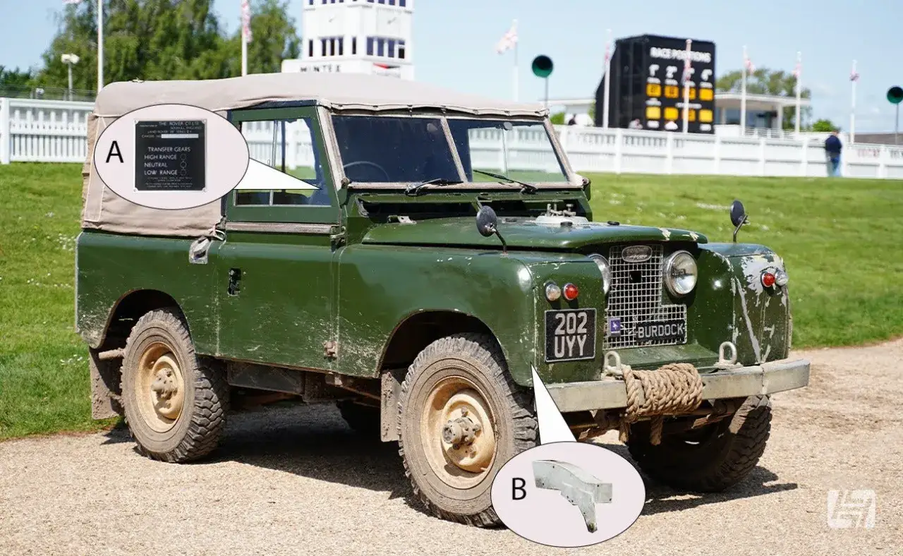 Grüner Land Rover mit Stoffverdeck, bereit für Offroad-Abenteuer. Ein Schild zeigt die Topix Land Rover Gangwahl.