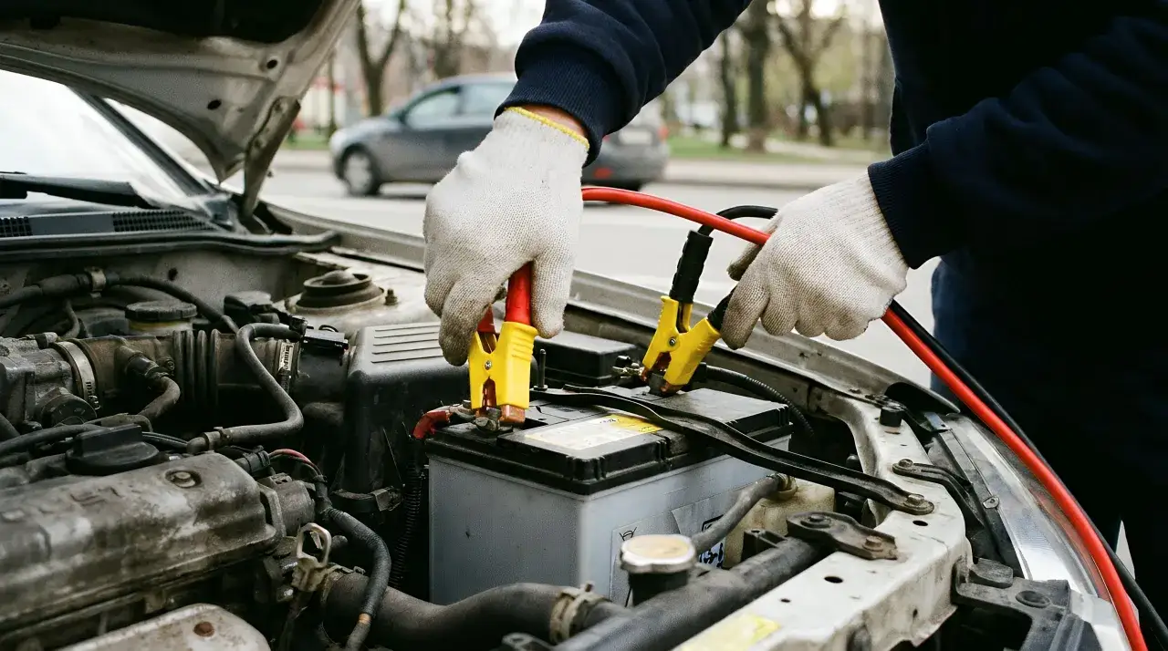 Person mit Handschuhen schließt Starthilfekabel an eine leere Autobatterie an.
