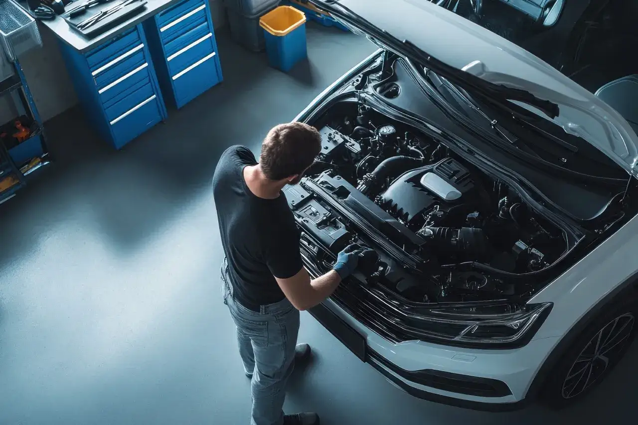 Mechaniker prüft Motor, der im Stand ruckelt. Diesel-Problem? Werkstatt mit Werkzeugschränken.