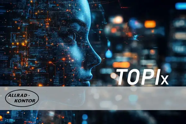 Digitale Kopf-Silhouette mit leuchtenden Datenströmen, "TOPIx" und "ALLRAD - KONTOR" Schriftzug.