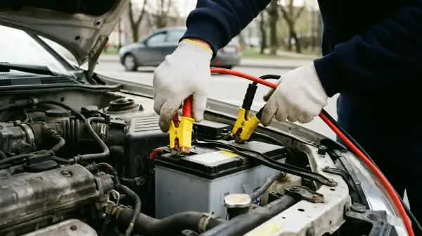 Hände mit Handschuhen schließen Starthilfekabel an eine leere Autobatterie an, um das Auto wieder zum Laufen zu bringen.