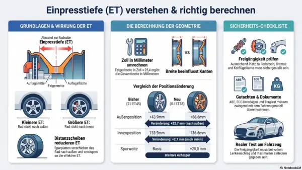 Grafik erklärt, wie man die Einpresstiefe (ET) von Felgen versteht und berechnet, inklusive Beispielen für kleinere und größere ET.