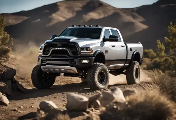 Ein Dodge Ram 1500 mit beeindruckendem Gewicht fährt durch staubiges Gelände.