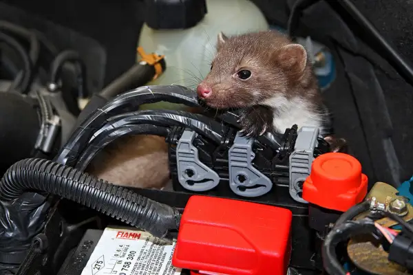 Ein Marder hat sich unter der Motorhaube auf der Dämmmatte gemütlich gemacht.