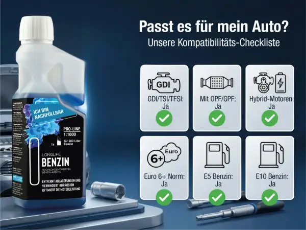 Benzin Additiv Test: Kompatibilitäts-Checkliste für GDI, OPF/GPF, Hybrid, Euro 6+ und E5/E10 Benzin.