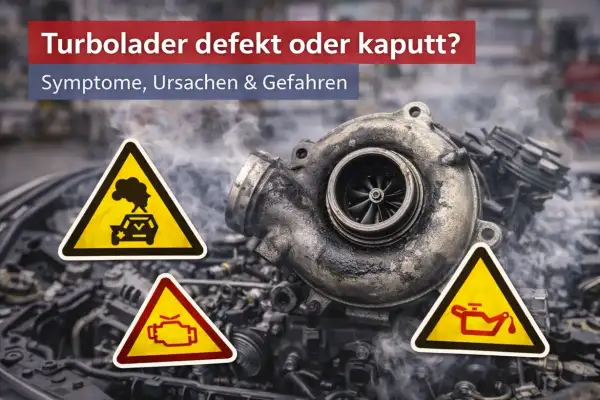 Ein defekter Turbolader kann teuer werden. Warnschilder zeigen Rauch, Motorprobleme und Ölverlust.