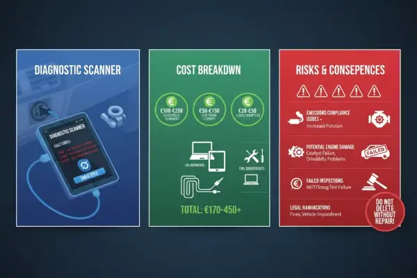 Diagnostischer Scanner zeigt Fehlercodes an. Ein NOX-Sensor ist Teil der Abgasanlage, wichtig für Emissionskontrolle. Kosten & Risiken bei Defekten.
