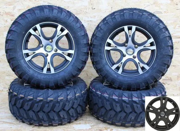 Vier neue All-Terrain-Reifen 14 Zoll mit grobstolligem Profil, bereit für jedes Abenteuer.