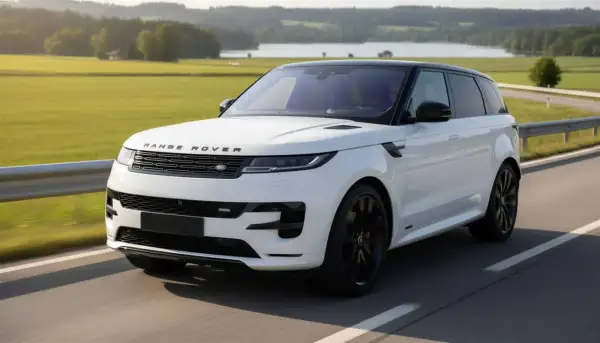 Ein weißer Range Rover Sport mit schwarzem Dach fährt auf einer Landstraße. Perfekt für ein Range Rover Abo.